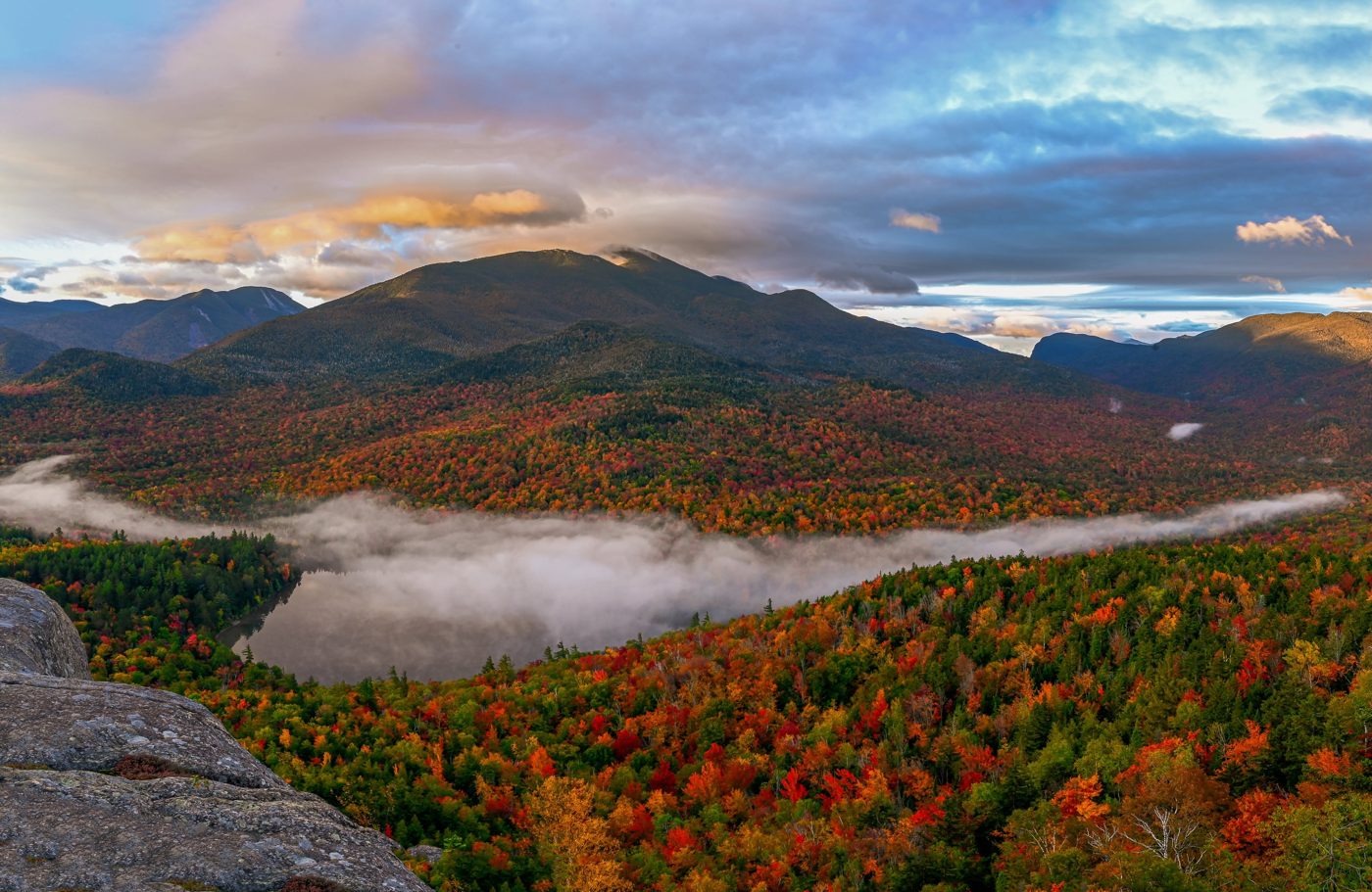 Aerial panorama of the High Peaks in peak fall color