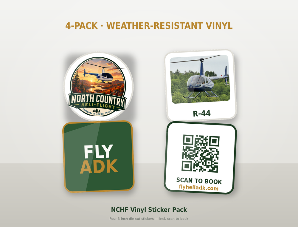 North Country Heli Flight vinyl sticker 4-pack — badge, R-44, Fly ADK, Lake George waypoint