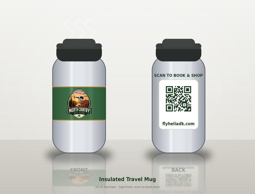 North Country Heli Flight insulated stainless travel mug with foliage logo wrap